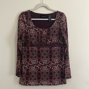 Vintage Axcess Boho Babydoll Top Mesh Sheer Paisley y2K‎ Pintuck Burgundy 2000s